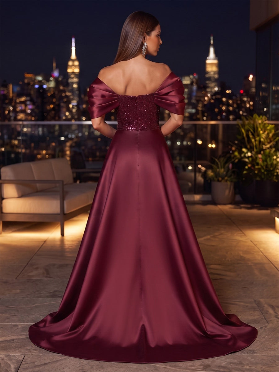 A-Line/Princess Off-the-Shoulder Sleeveless Satin Floor-Length Evening Dresses with Sequins&amp;Pleats