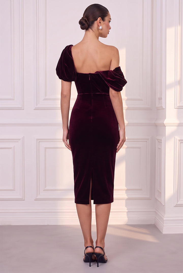 Sheath/Column Off-the-Shoulder Sleeveless Velvet Tea-Length Evening Dresses with Ruched