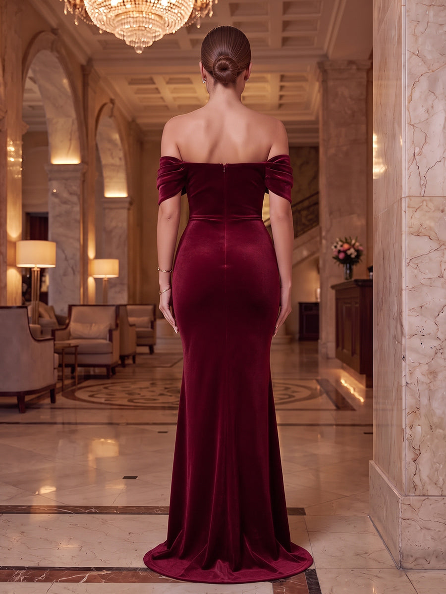 Trumpet/Mermaid Off-the-Shoulder Sleeveless Velvet Floor-Length Evening Dresses with Pleats
