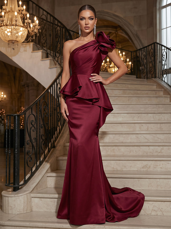 Trumpet/Mermaid One-Shoulder Sleeveless Satin Floor-Length Evening Dresses with Ruffles