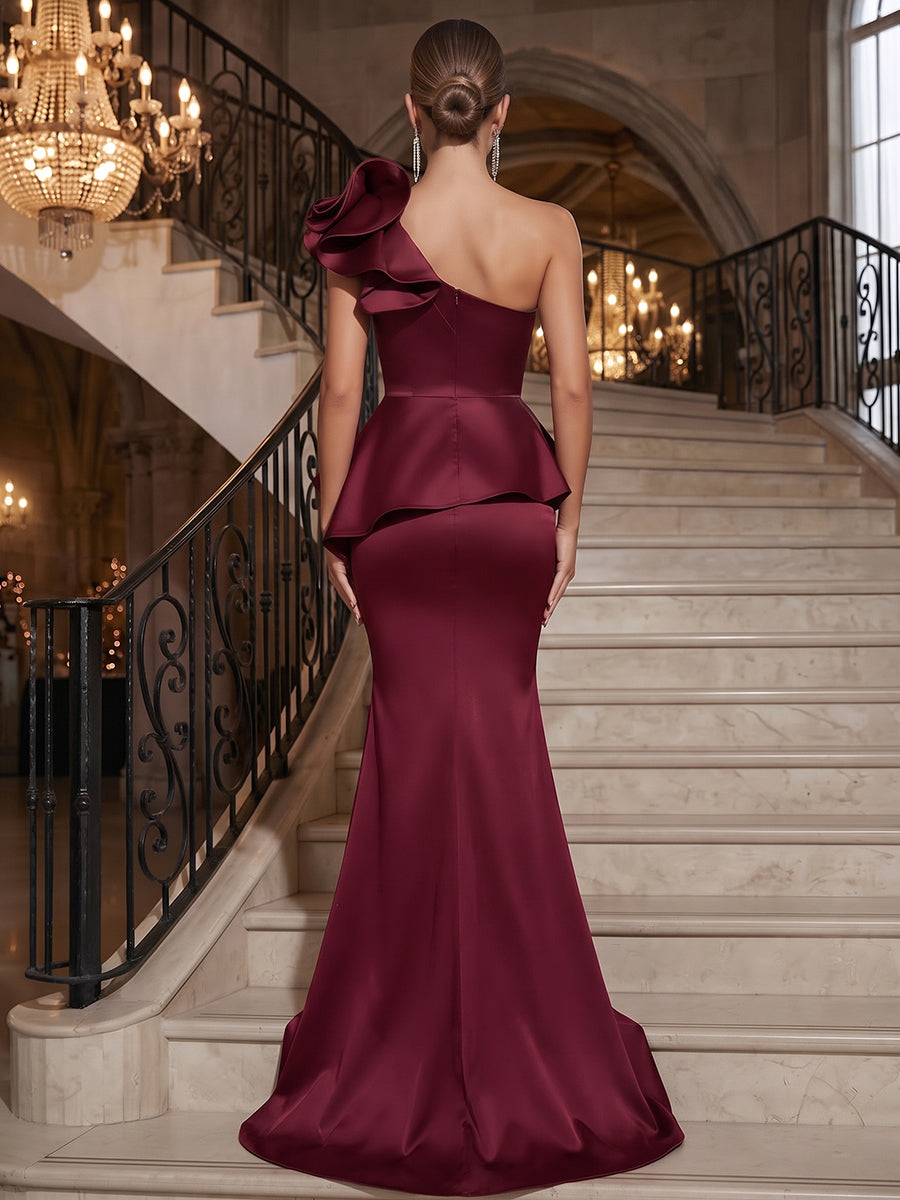 Trumpet/Mermaid One-Shoulder Sleeveless Satin Floor-Length Evening Dresses with Ruffles