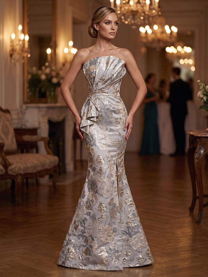 Sheath/Column Strapless Sleeveless Jacquard Floor-Length Evening Dresses with Ruched