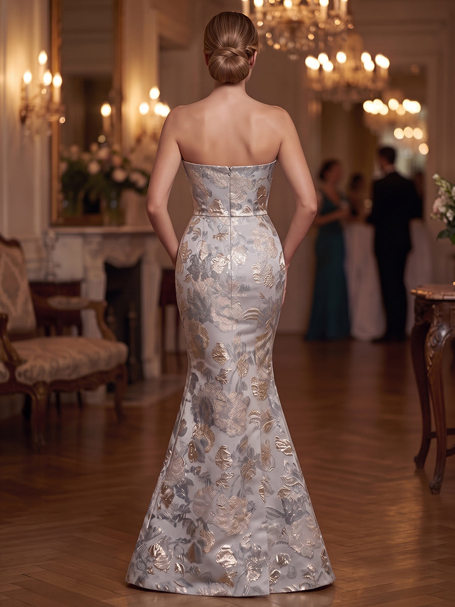 Sheath/Column Strapless Sleeveless Jacquard Floor-Length Evening Dresses with Ruched