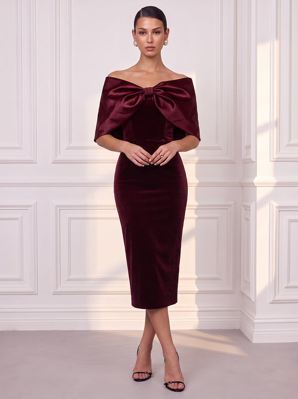 Sheath/Column Off-the-Shoulder Sleeveless Velvet Tea-Length Evening Dresses with Bowknot