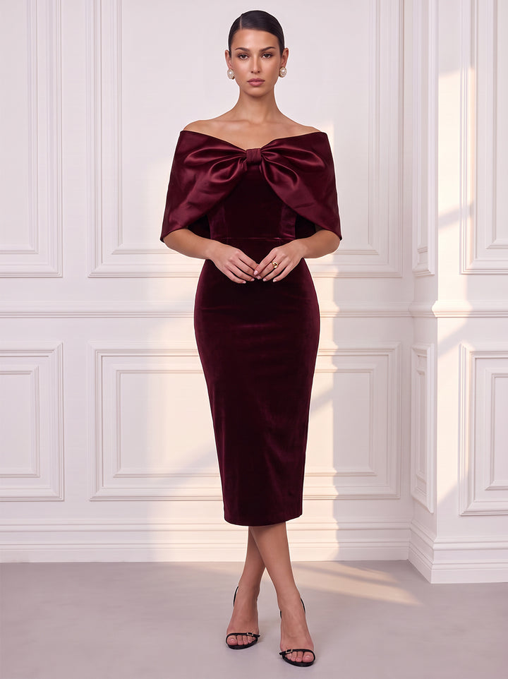 Sheath/Column Off-the-Shoulder Sleeveless Velvet Tea-Length Evening Dresses with Bowknot