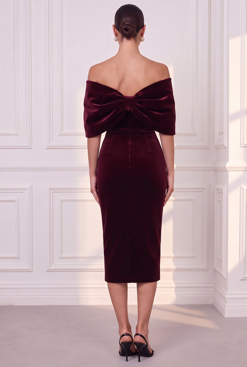 Sheath/Column Off-the-Shoulder Sleeveless Velvet Tea-Length Evening Dresses with Bowknot