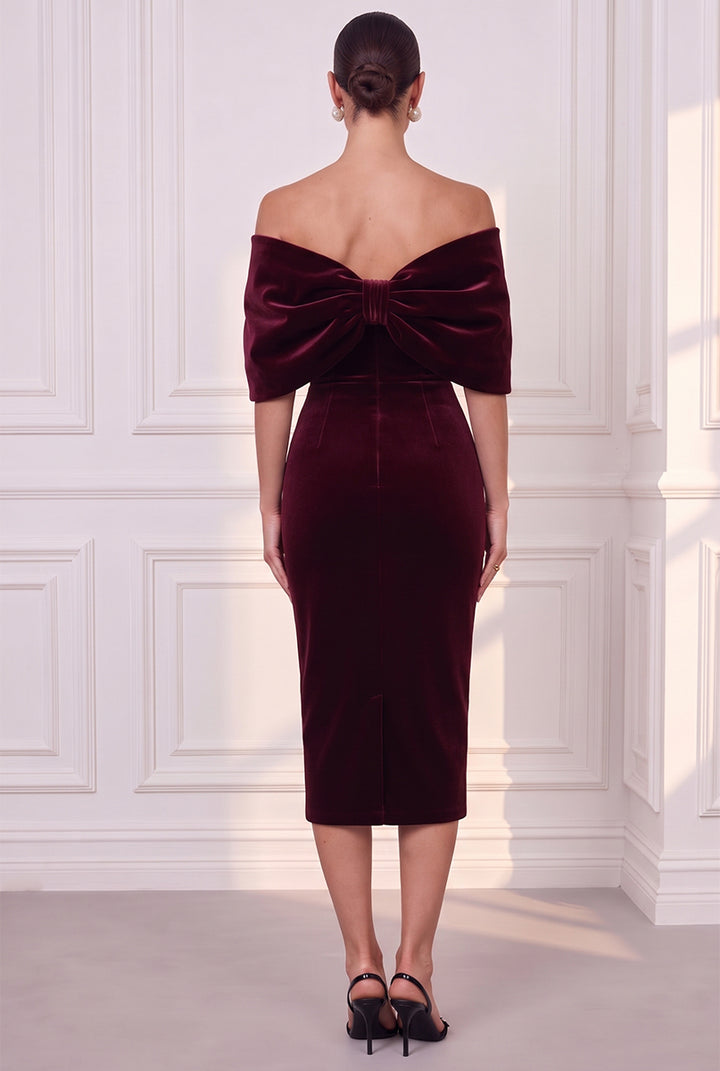 Sheath/Column Off-the-Shoulder Sleeveless Velvet Tea-Length Evening Dresses with Bowknot