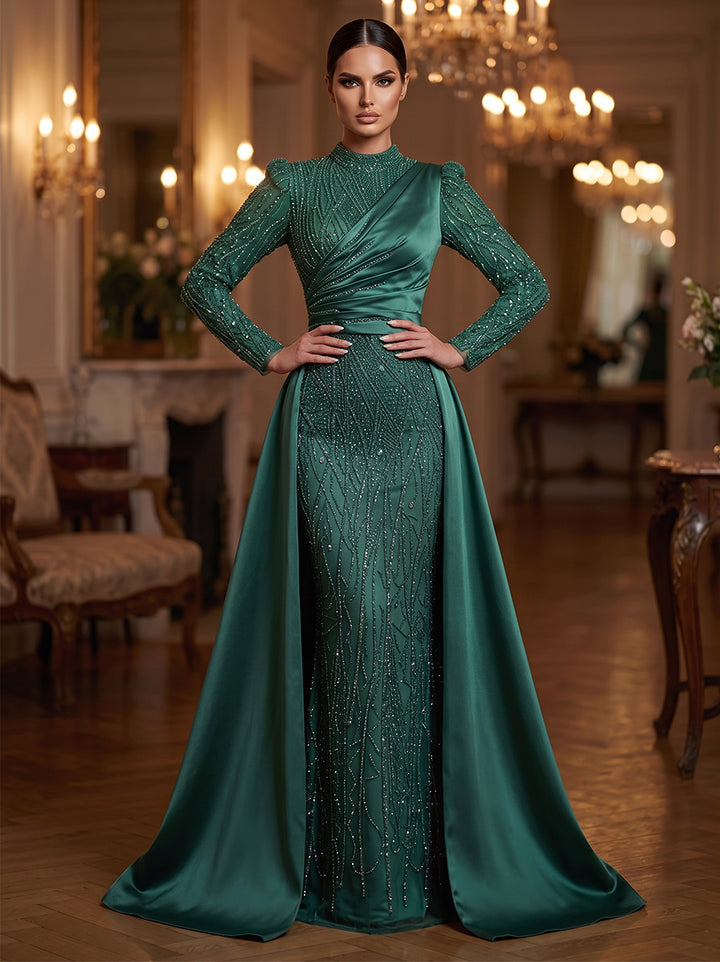 A-Line/Princess High Neck Long Sleeves Satin Floor-Length Evening Dresses with Sequins