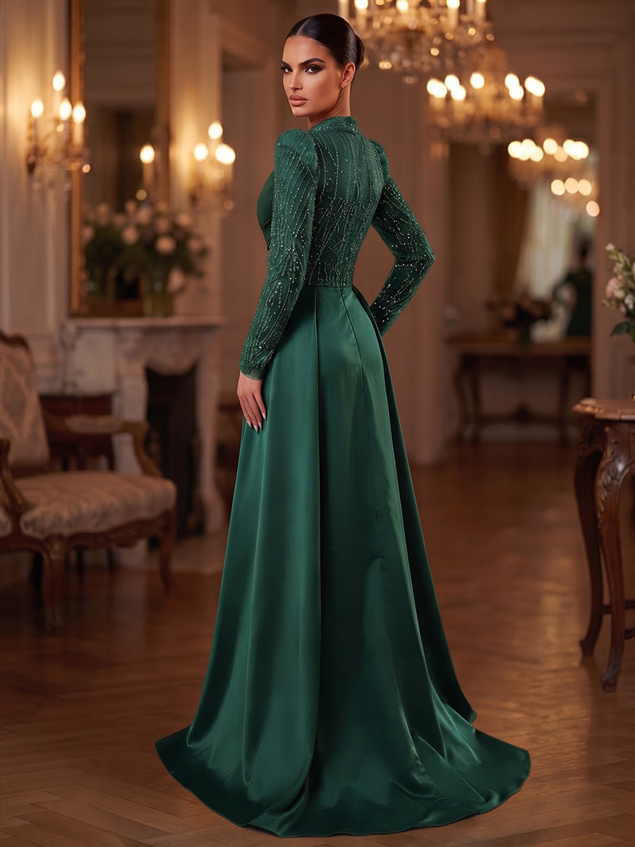 A-Line/Princess High Neck Long Sleeves Satin Floor-Length Evening Dresses with Sequins