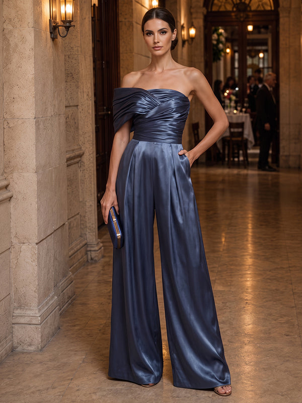 Jumpsuits One-Shoulder Sleeveless Silk Satin Floor-Length Evening Dresses with Pleats