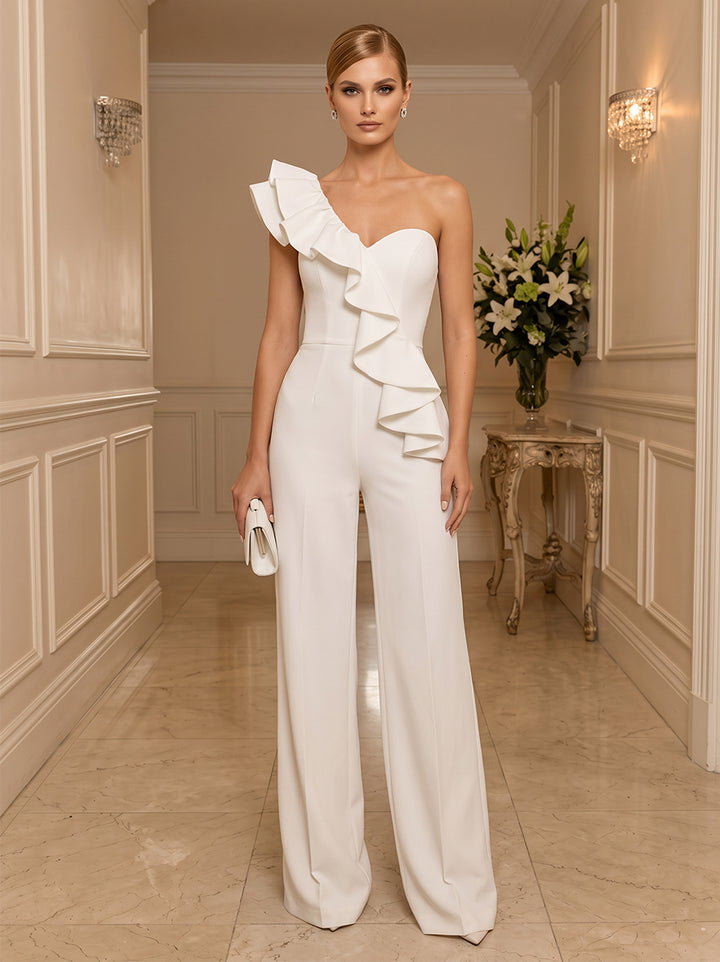Jumpsuits One-Shoulder Sleeveless Satin Floor-Length Evening Dresses with Ruffles