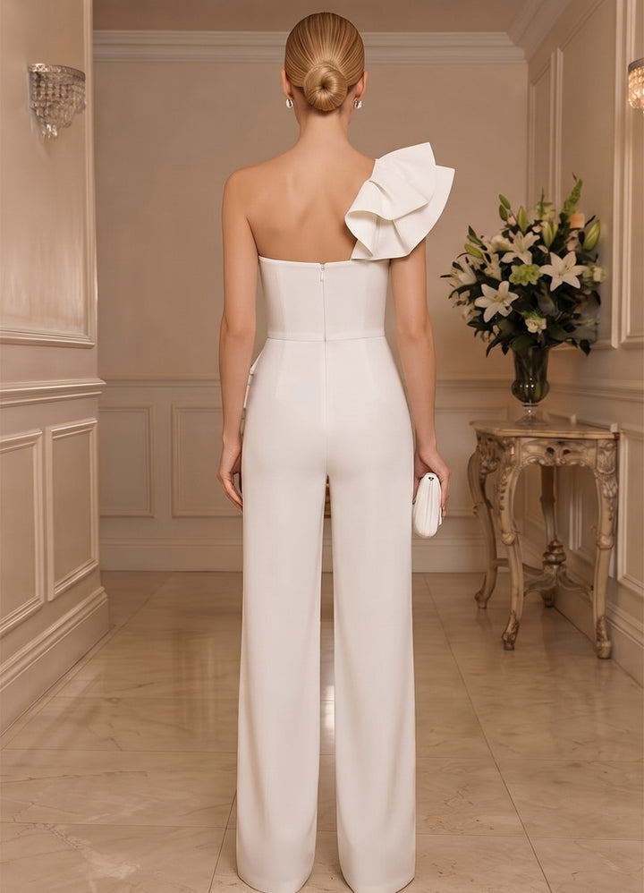 Jumpsuits One-Shoulder Sleeveless Satin Floor-Length Evening Dresses with Ruffles