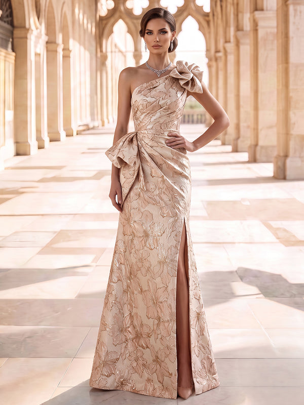 Sheath/Column One-Shoulder Sleeveless Jacquard Floor-Length Evening Dresses with Ruffles