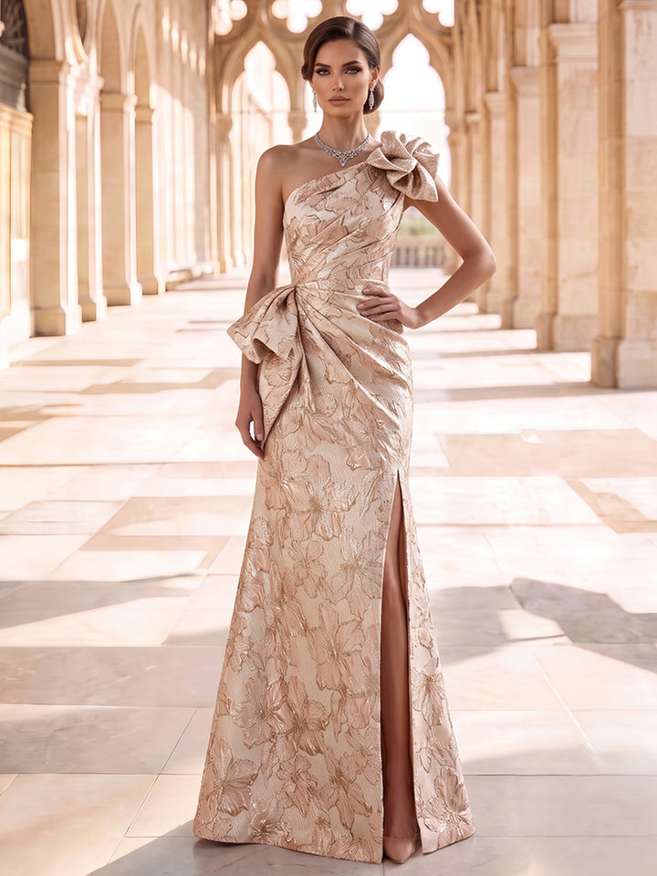 Sheath/Column One-Shoulder Sleeveless Jacquard Floor-Length Evening Dresses with Ruffles