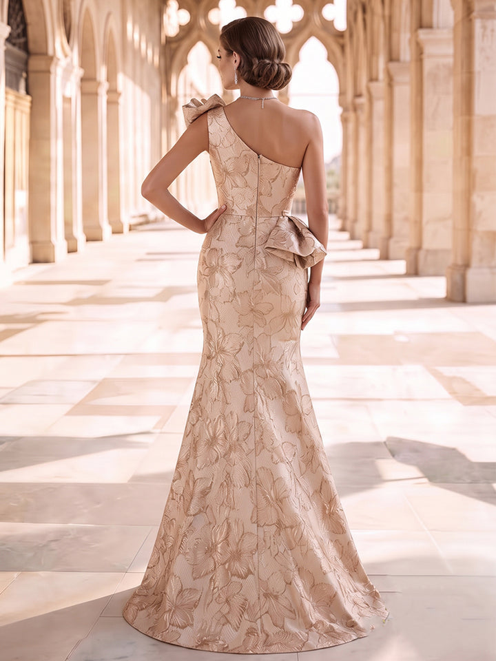 Sheath/Column One-Shoulder Sleeveless Jacquard Floor-Length Evening Dresses with Ruffles