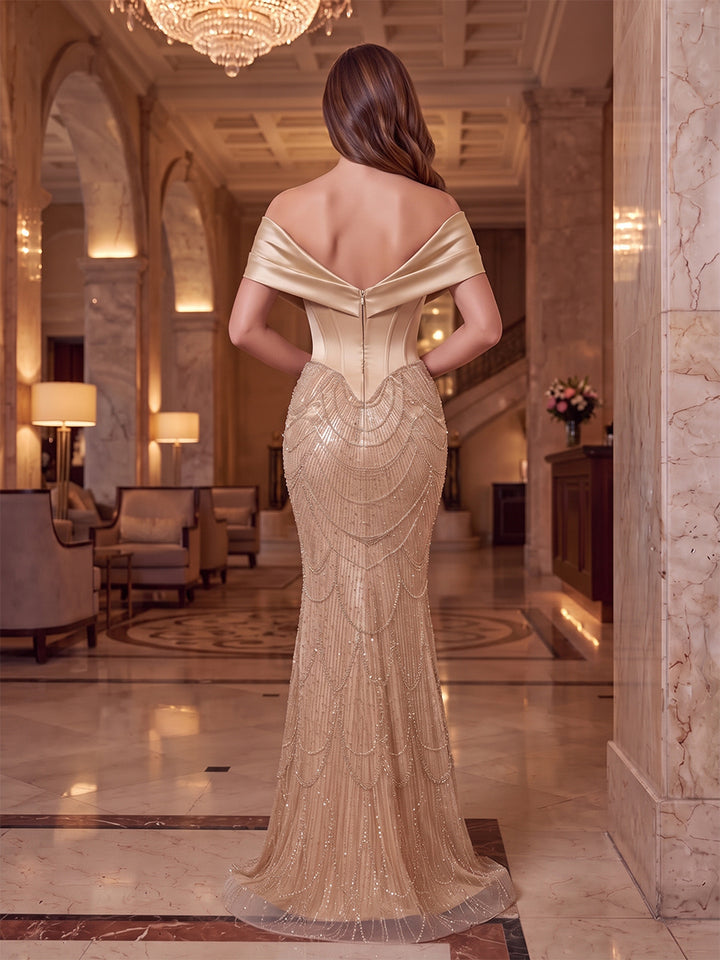 Trumpet/Mermaid Off-the-Shoulder Sleeveless Sequin Satin Floor-Length Evening Dresses with Corset