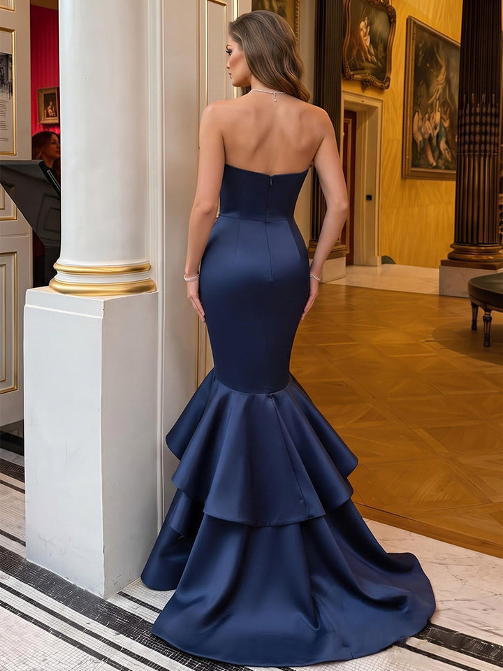 Trumpet/Mermaid Strapless Sleeveless Satin Floor-Length Evening Dresses with Ruffles