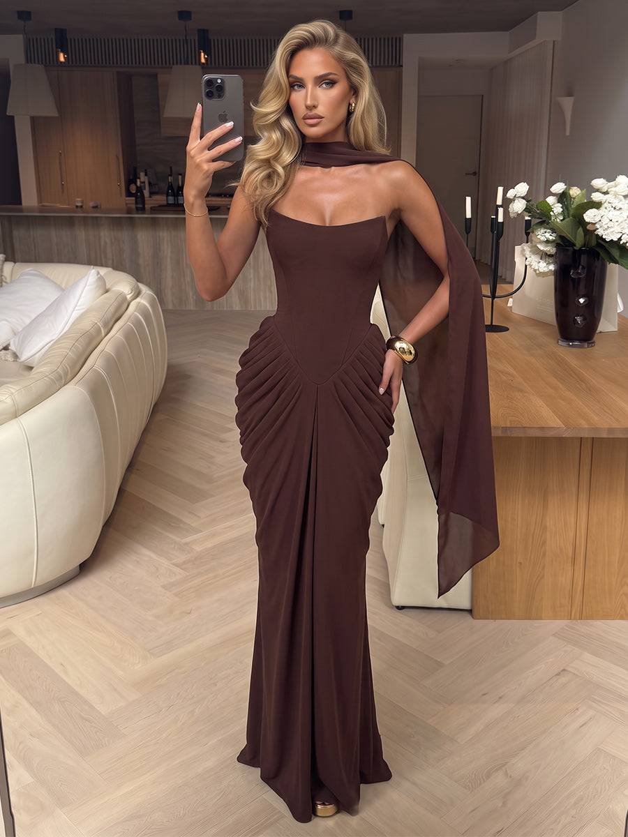Sheath/Column Strapless Sleeveless Chiffon Floor-Length Evening Dresses with Pleats&amp;Scarf