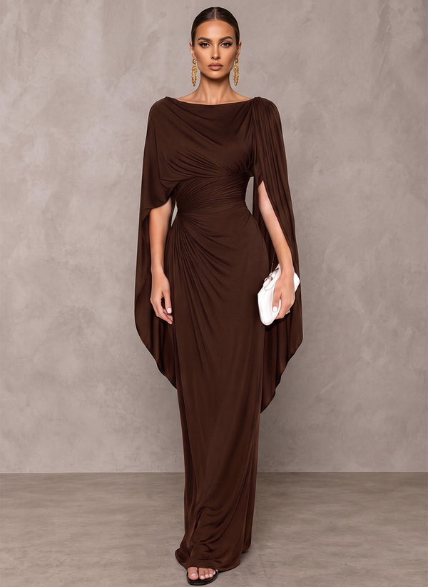 Sheath/Column Scoop Cap Sleeves Satin Floor-Length Evening Dresses with Pleats