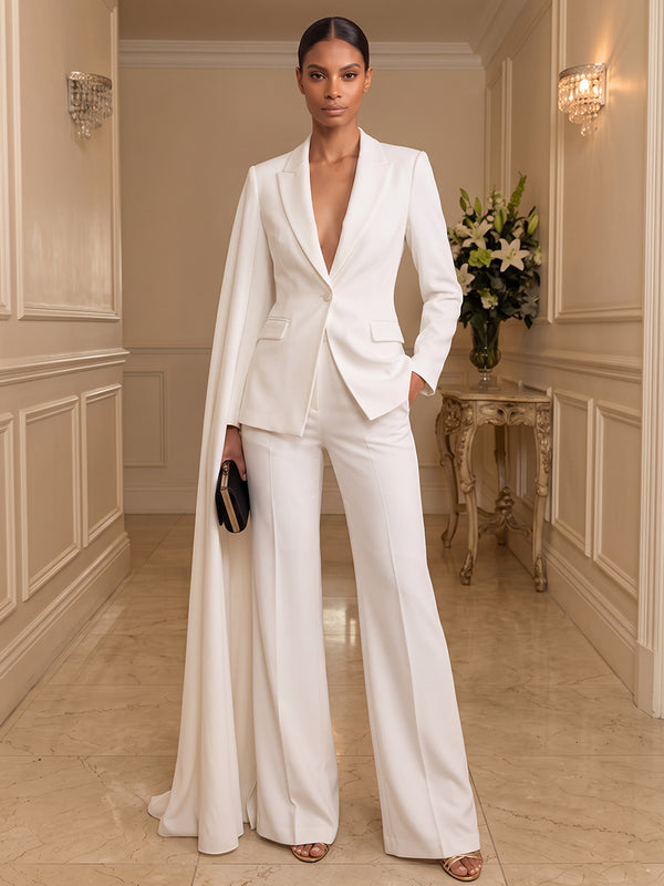 Jumpsuits Shirt Collar Long Sleeves Satin Floor-Length Evening Dresses with Cape
