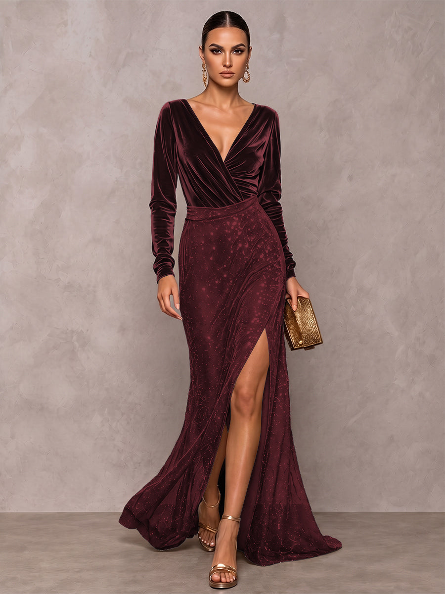A-Line/Princess V-Neck Long Sleeves Velvet Floor-Length Evening Dresses with Sequins