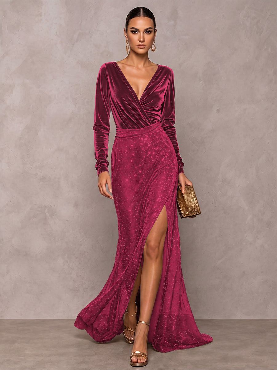 A-Line/Princess V-Neck Long Sleeves Velvet Floor-Length Evening Dresses with Sequins