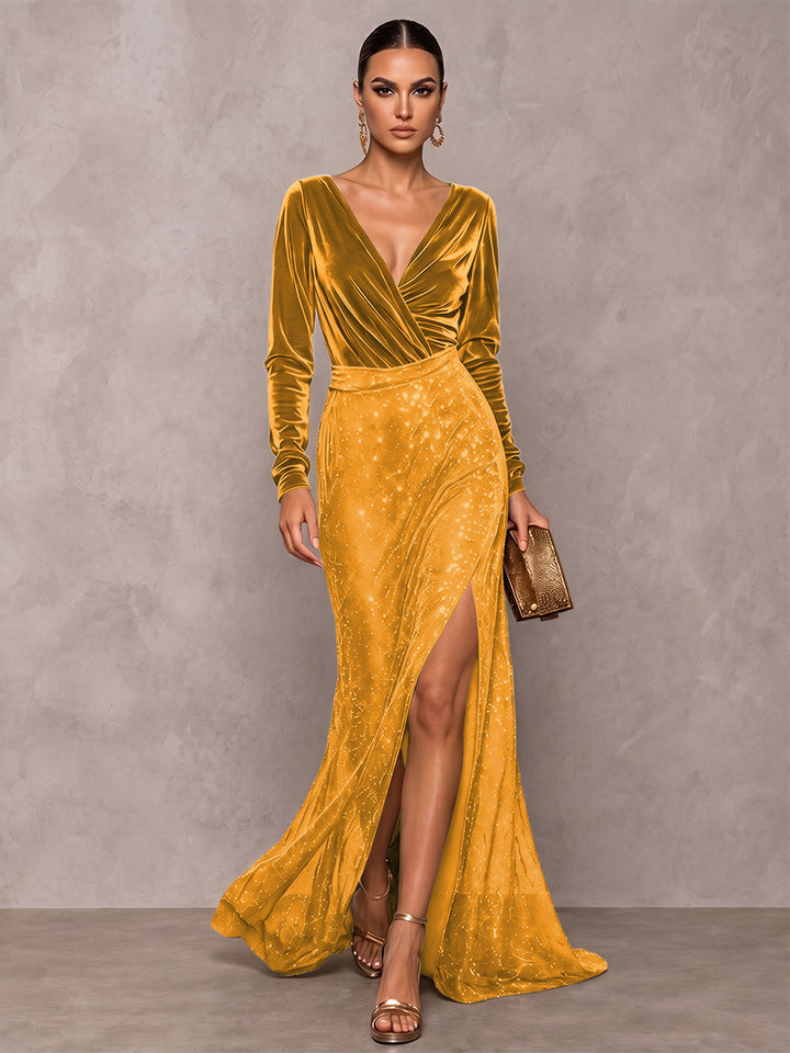 A-Line/Princess V-Neck Long Sleeves Velvet Floor-Length Evening Dresses with Sequins