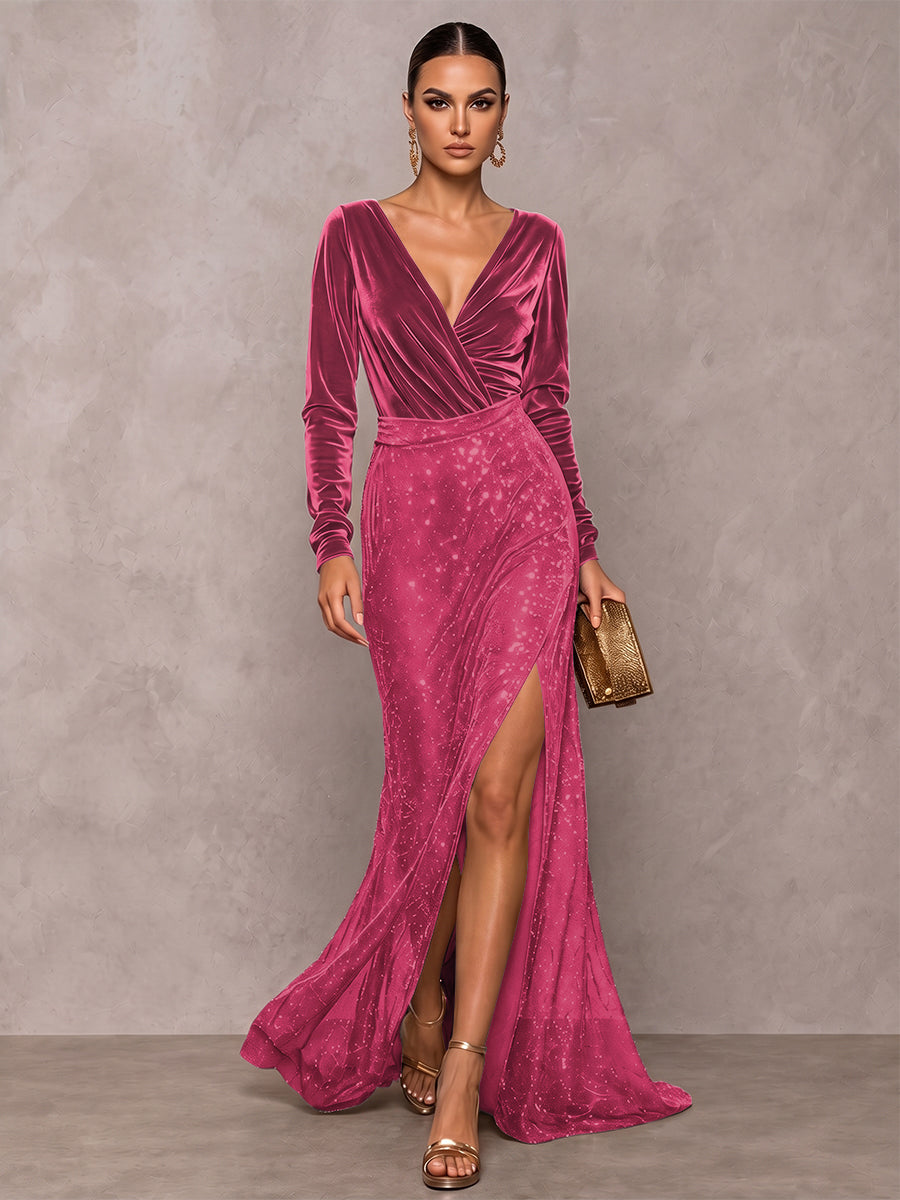 A-Line/Princess V-Neck Long Sleeves Velvet Floor-Length Evening Dresses with Sequins