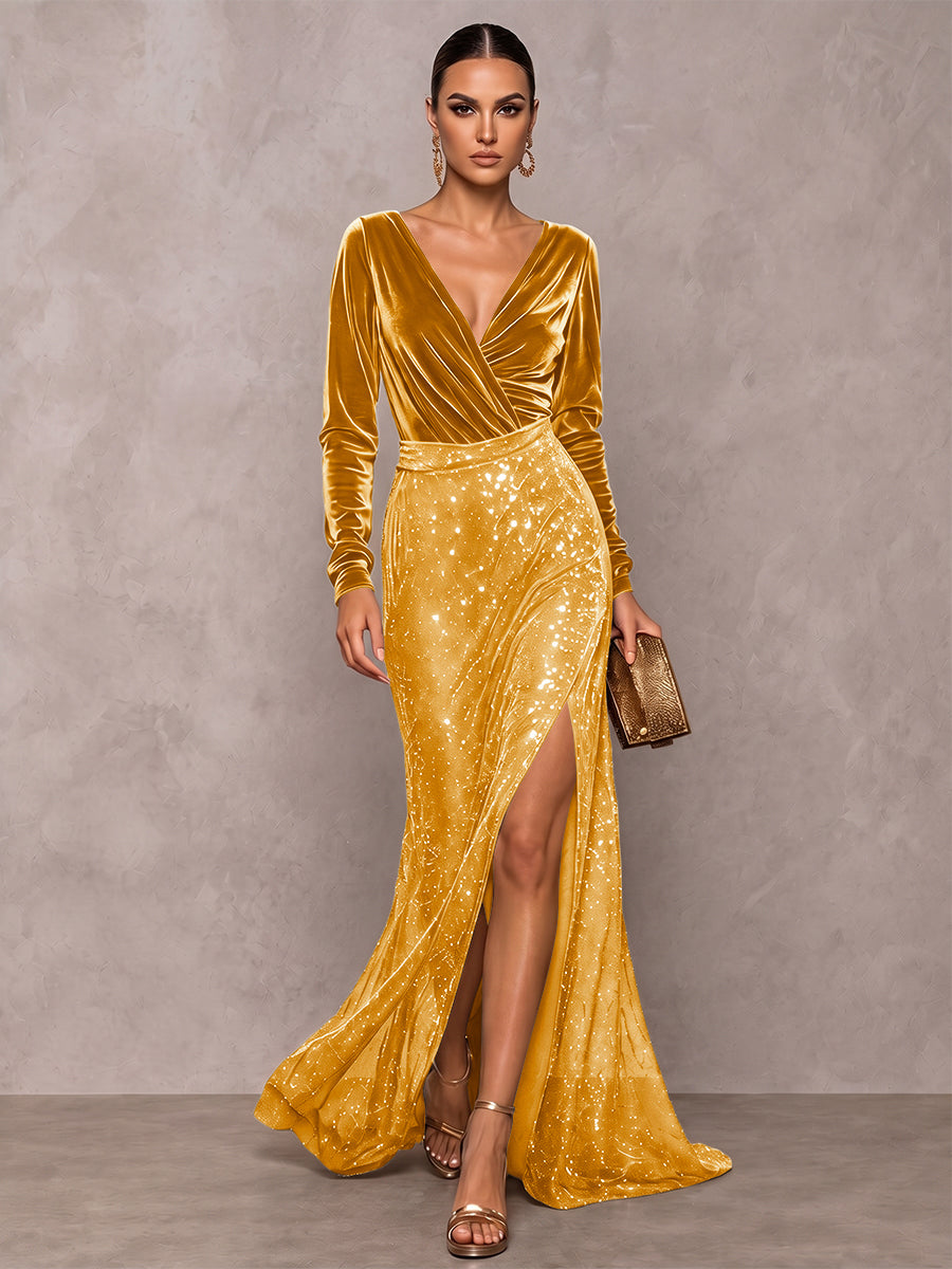 A-Line/Princess V-Neck Long Sleeves Velvet Floor-Length Evening Dresses with Sequins