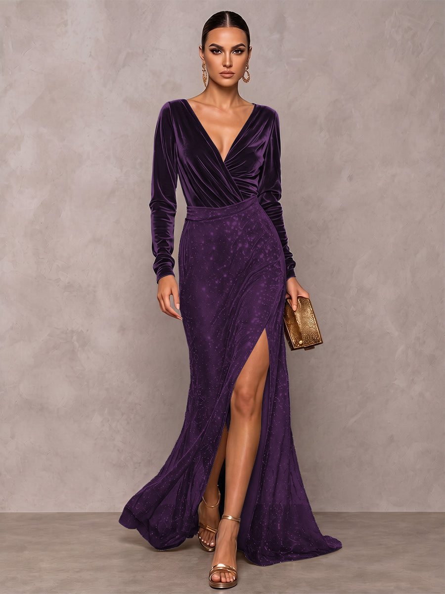 A-Line/Princess V-Neck Long Sleeves Velvet Floor-Length Evening Dresses with Sequins