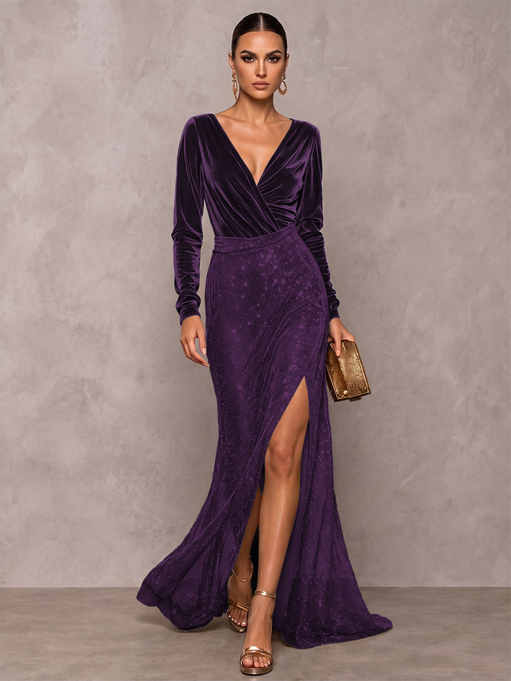 A-Line/Princess V-Neck Long Sleeves Velvet Floor-Length Evening Dresses with Sequins