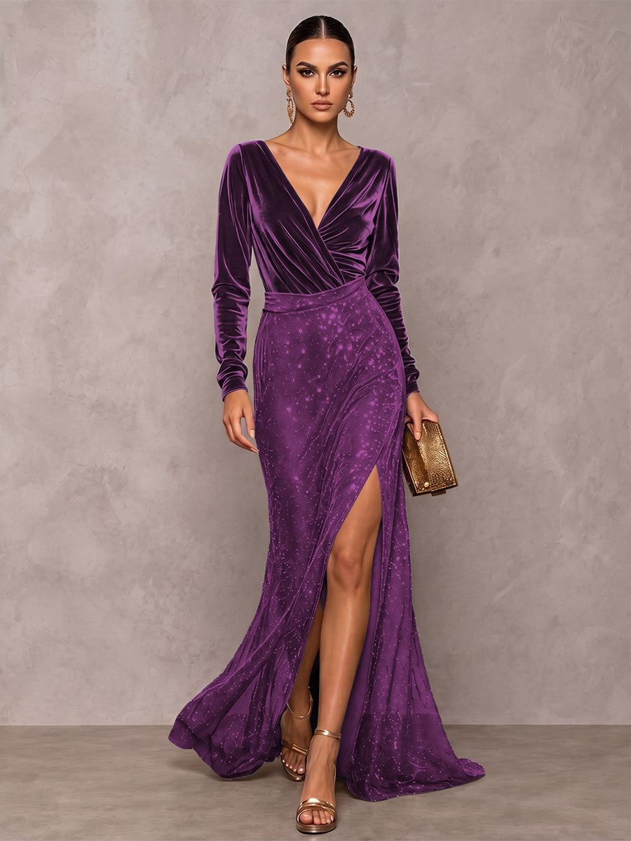 A-Line/Princess V-Neck Long Sleeves Velvet Floor-Length Evening Dresses with Sequins