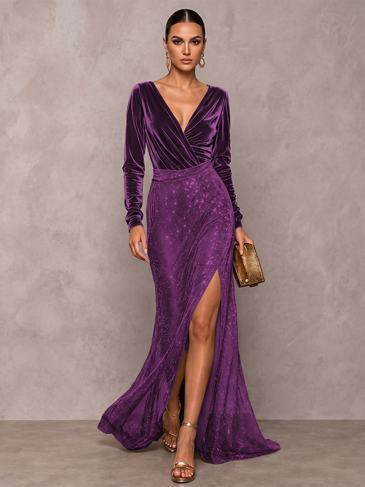 A-Line/Princess V-Neck Long Sleeves Velvet Floor-Length Evening Dresses with Sequins