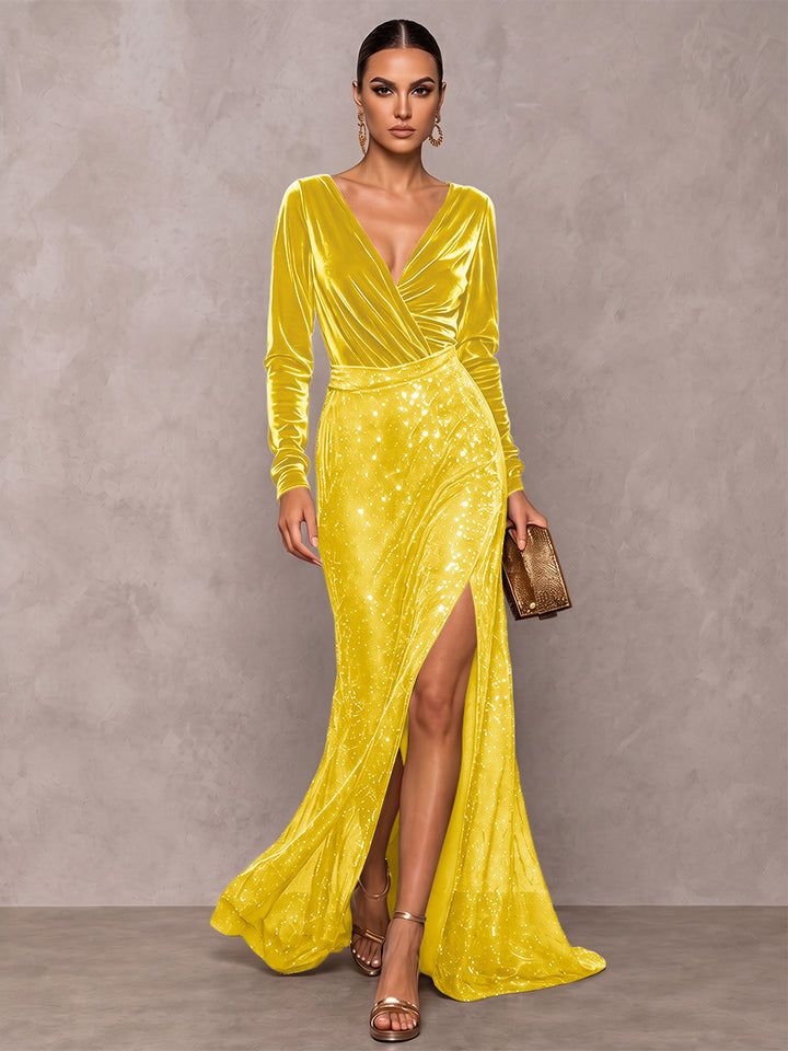 A-Line/Princess V-Neck Long Sleeves Velvet Floor-Length Evening Dresses with Sequins