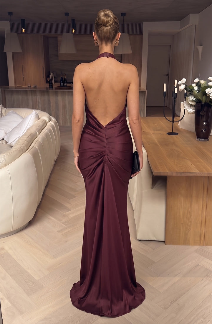 Sheath/Column V-Neck Sleeveless Silk Satin Floor-Length Evening Dresses with Pleats&amp;Sash