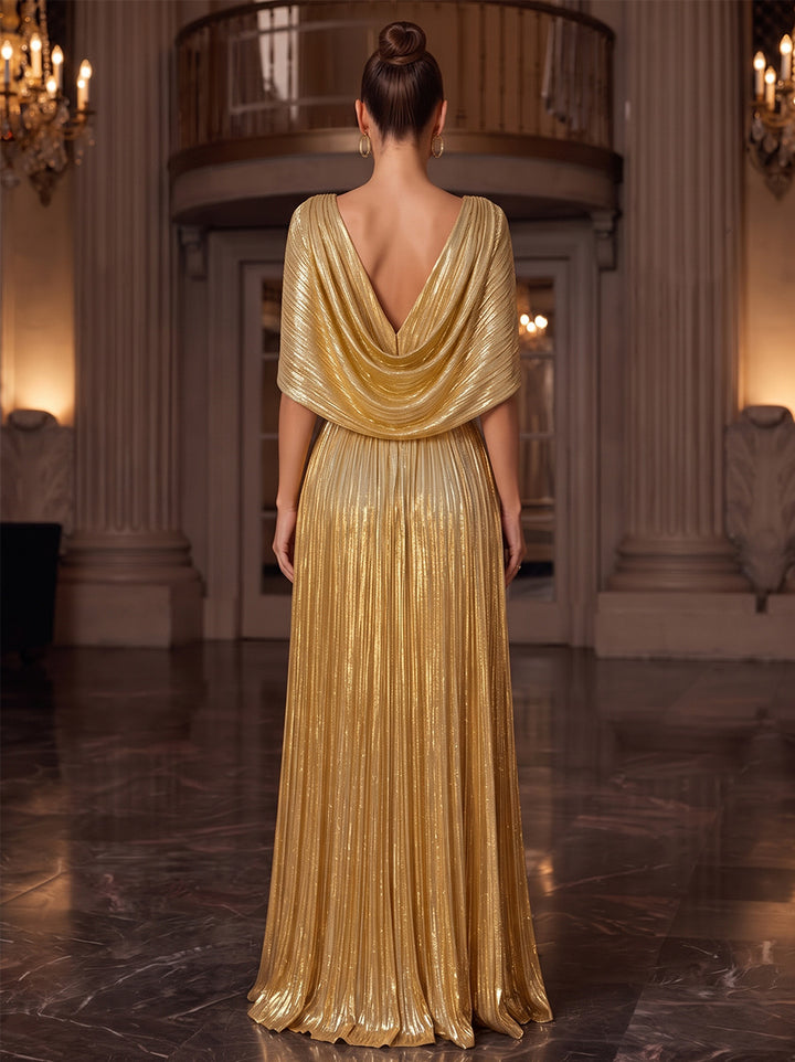 A-Line/Princess V-Neck Cap Sleeves Metallic Floor-Length Evening Dresses with Pleats