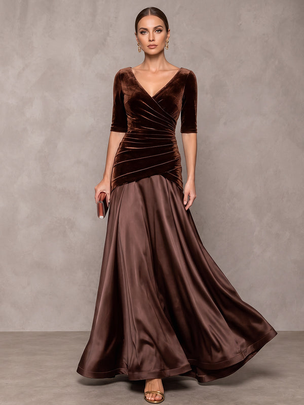 A-Line/Princess V-Neck Half Sleeves Velvet  Satin Floor-Length Evening Dresses with Pleats