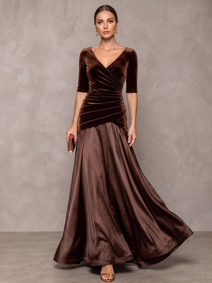 A-Line/Princess V-Neck Half Sleeves Velvet  Satin Floor-Length Evening Dresses with Pleats