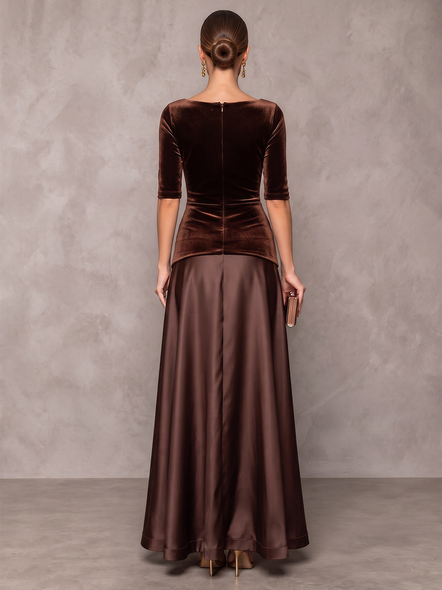 A-Line/Princess V-Neck Half Sleeves Velvet  Satin Floor-Length Evening Dresses with Pleats
