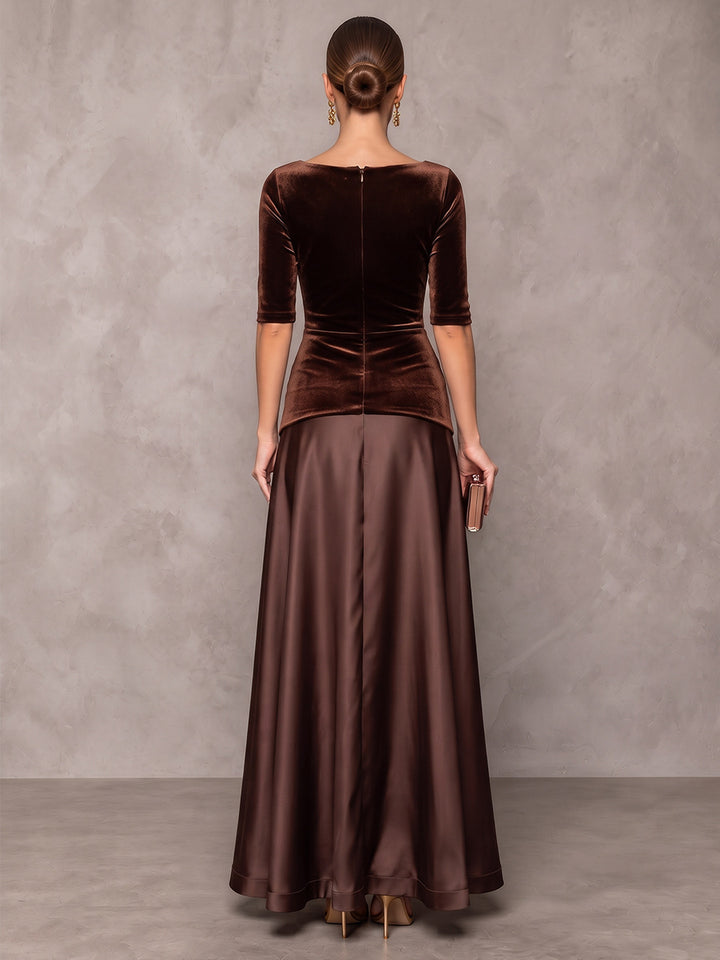 A-Line/Princess V-Neck Half Sleeves Velvet  Satin Floor-Length Evening Dresses with Pleats