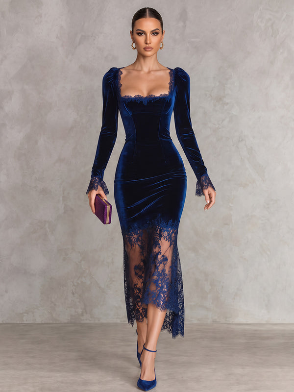Sheath/Column Square Neck Long Sleeves Velvet Ankle-Length Evening Dresses with Lace