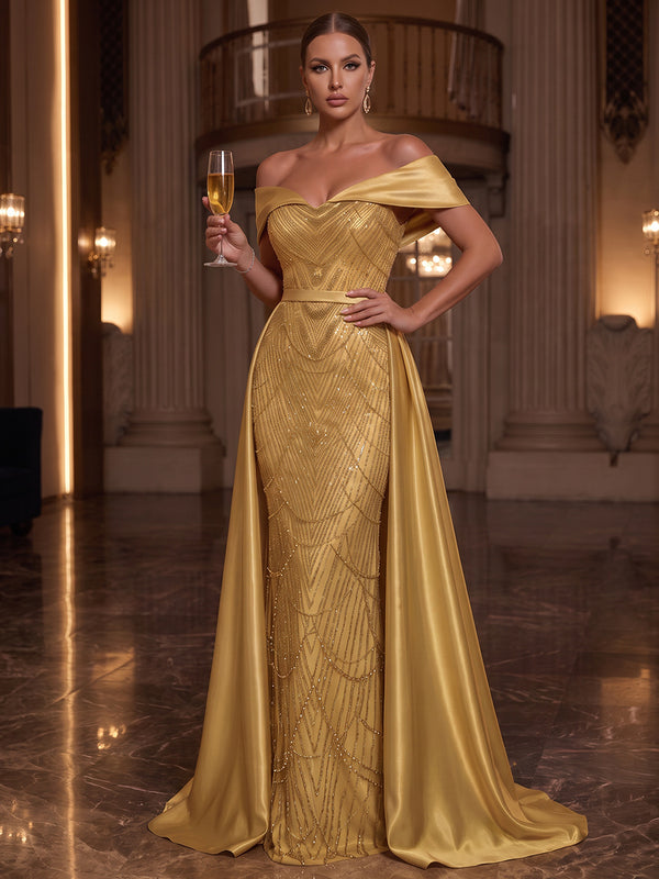 A-Line/Princess Off-the-Shoulder Sleeveless Satin Floor-Length Evening Dresses with Sequins&Belt