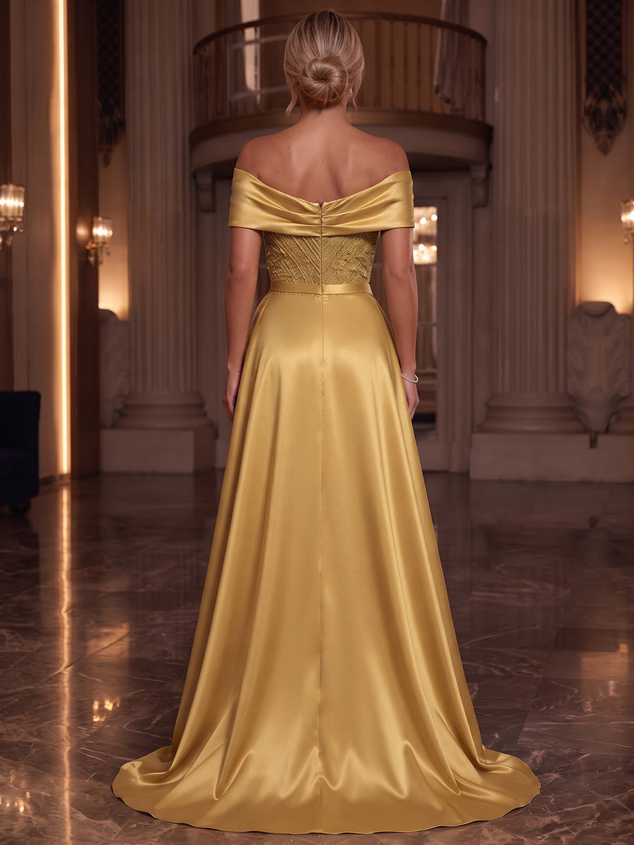 A-Line/Princess Off-the-Shoulder Sleeveless Satin Floor-Length Evening Dresses with Sequins&amp;Belt