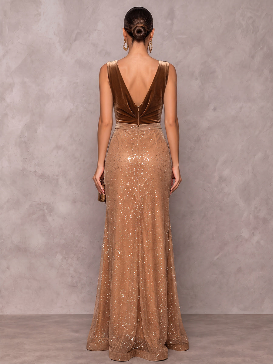A-Line/Princess V-Neck Sleeveless Velvet Floor-Length Evening Dresses with Sequins
