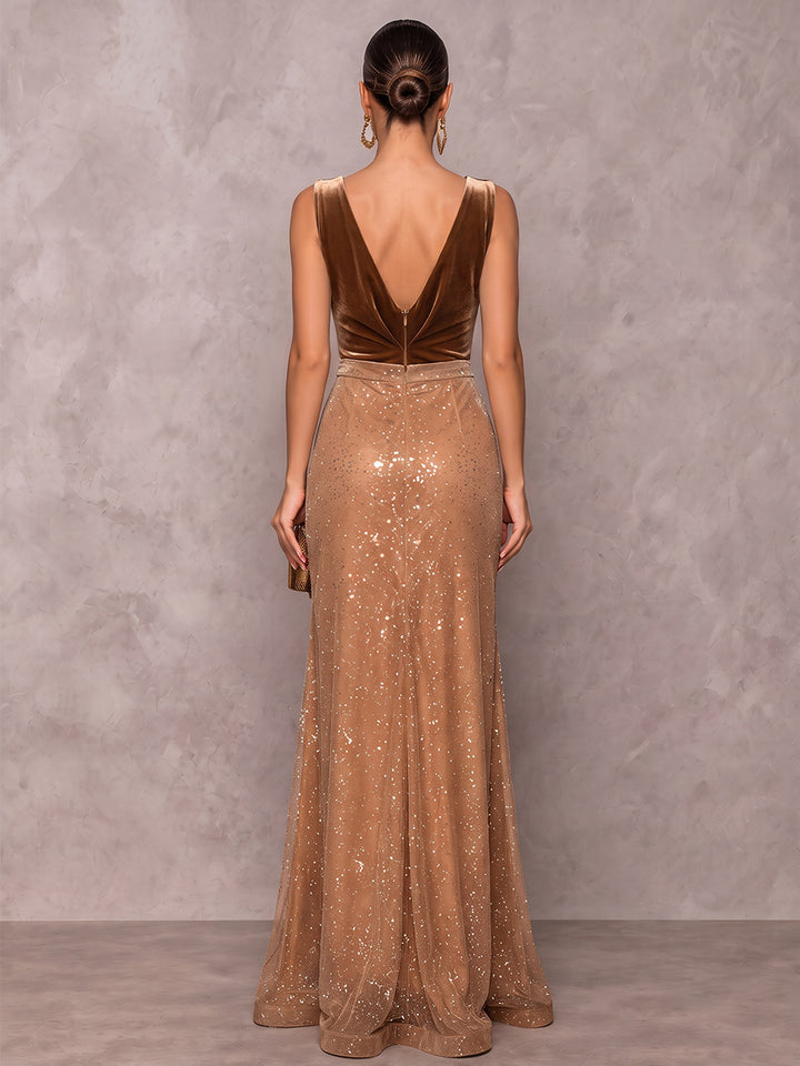 A-Line/Princess V-Neck Sleeveless Velvet Floor-Length Evening Dresses with Sequins
