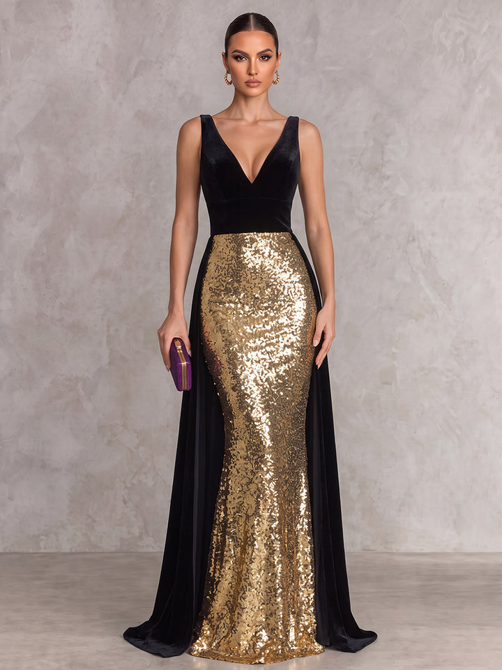 A-Line/Princess V-Neck Sleeveless Velvet Floor-Length Evening Dresses with Sequins
