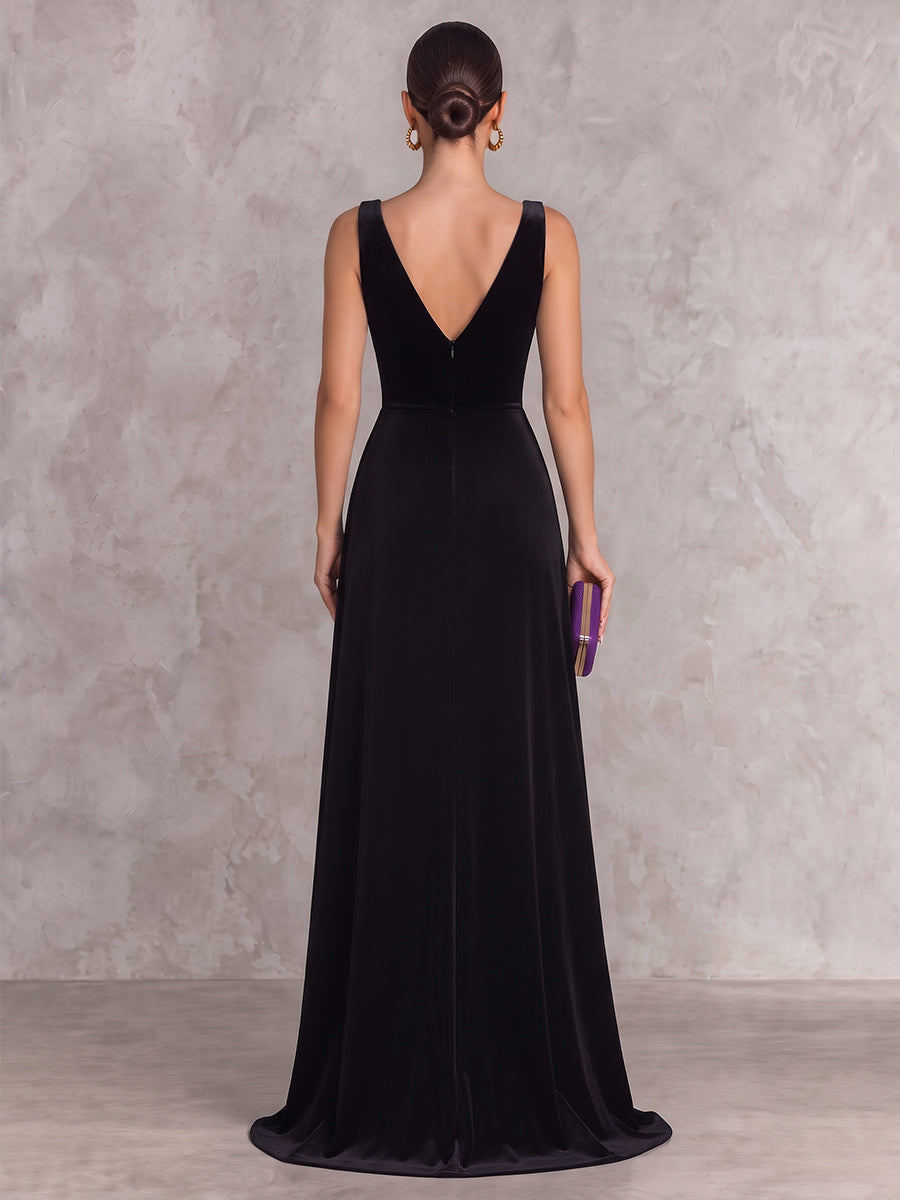 A-Line/Princess V-Neck Sleeveless Velvet Floor-Length Evening Dresses with Sequins