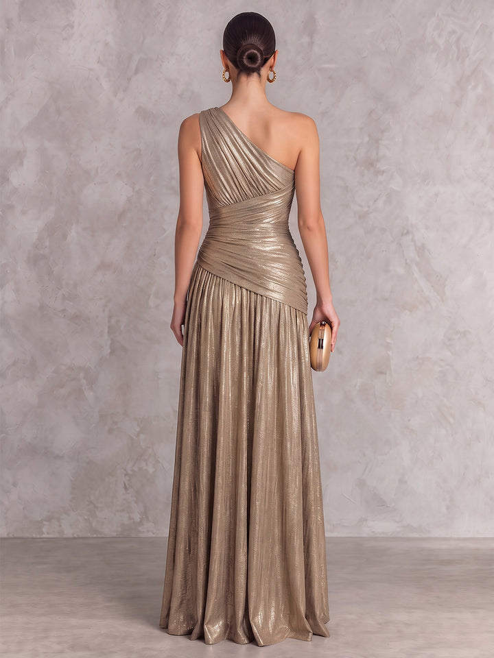 A-Line/Princess One-Shoulder Sleeveless Glitter Floor-Length Evening Dresses with Pleats&amp;Sash