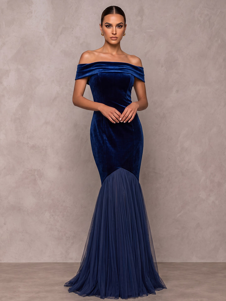 A-Line/Princess Off-the-Shoulder Sleeveless Velvet Tulle Floor-Length Evening Dresses with Pleats