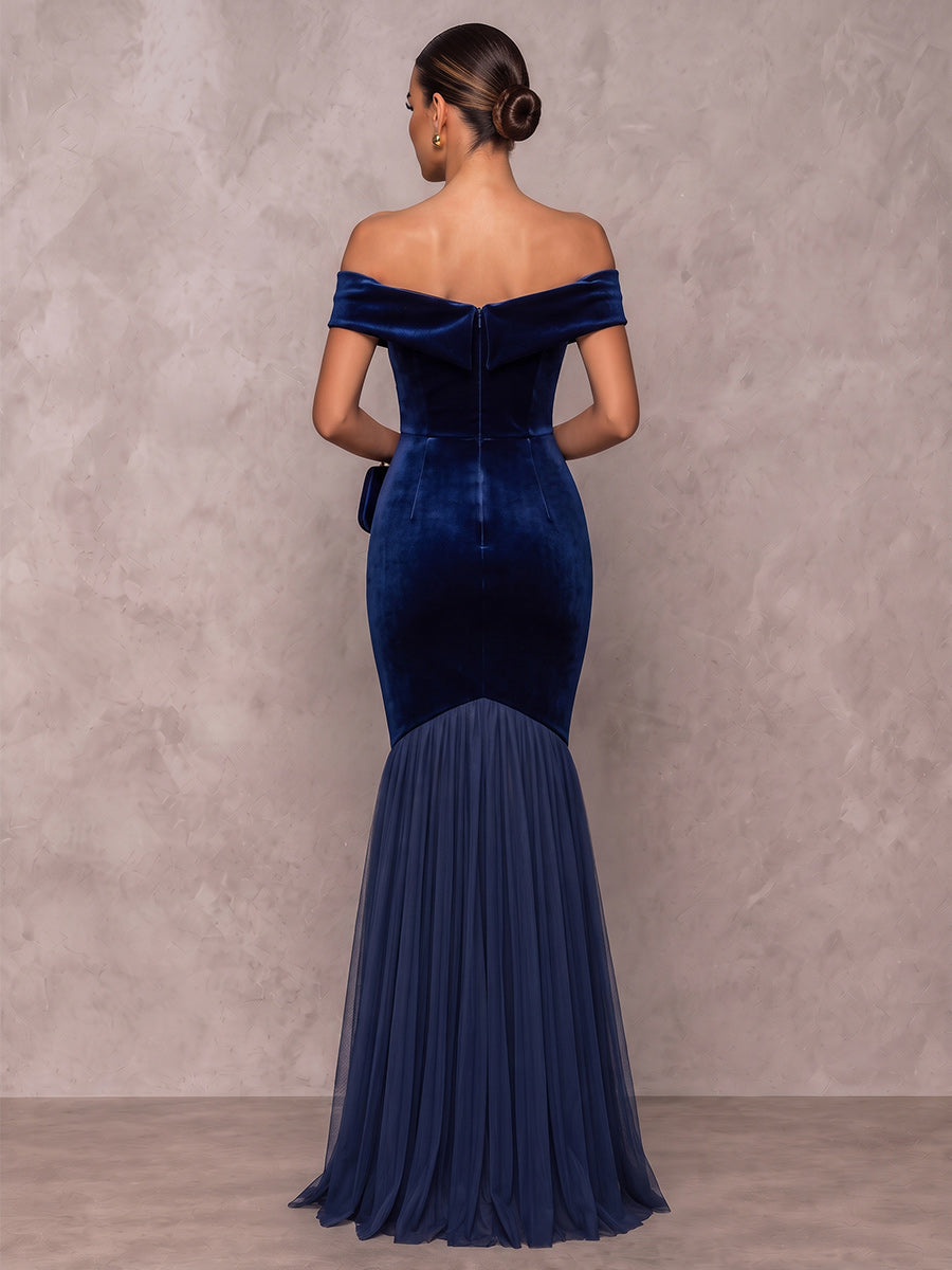A-Line/Princess Off-the-Shoulder Sleeveless Velvet Tulle Floor-Length Evening Dresses with Pleats